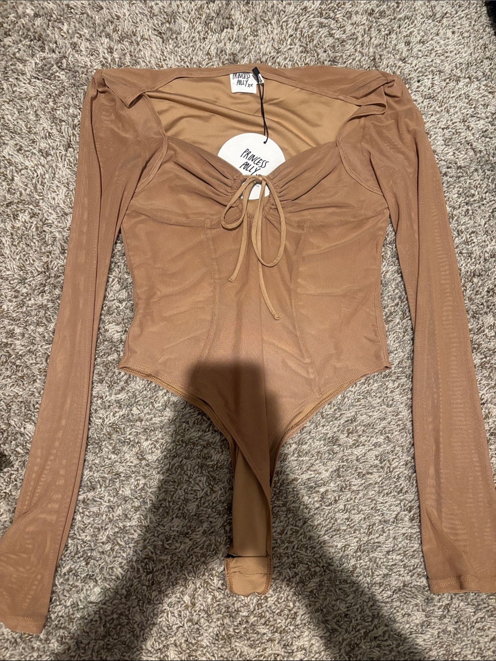Princess Polly Tan Mesh Long Sleeve Tie-Front Bodysuit